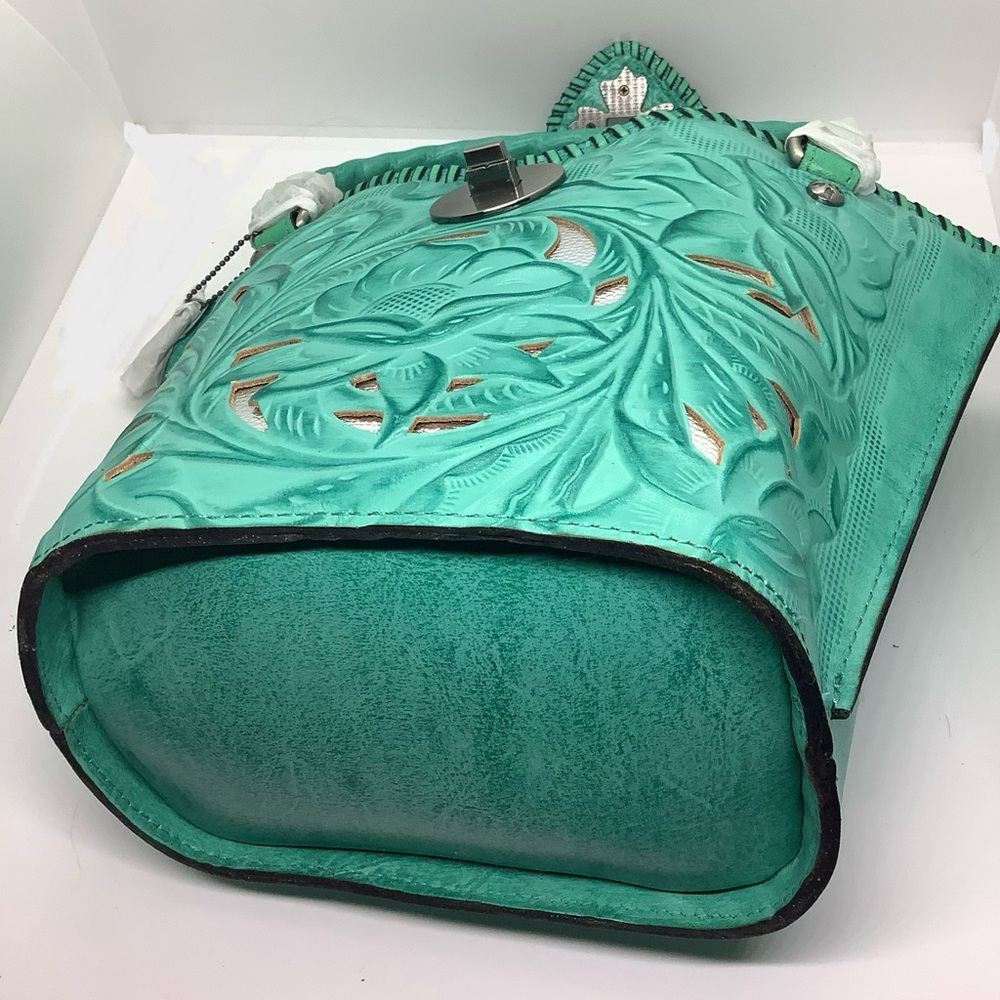 🌷Patricia Nash🌷100% Handmade Leather Crossbody, Tote/Bag, Green/Teal/Aqua NWT - Picture 8 of 13